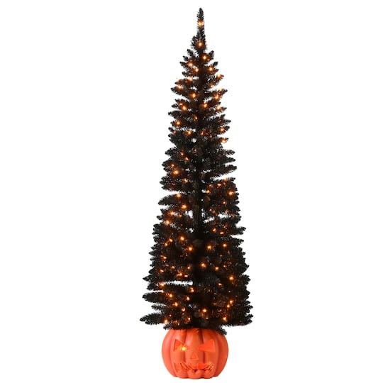 National Tree Company 6' Pre-Lit Artificial Halloween Tree, Evergreen, Led Lights, Includes Pumpkin Base, Halloween Collection - Black